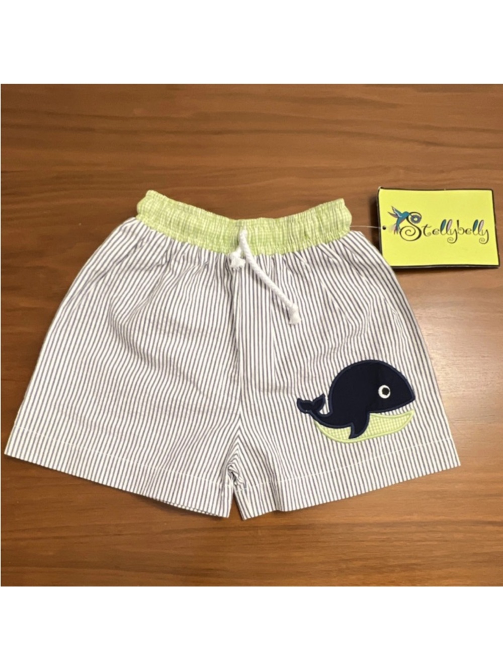 Stellybelly 12M Striped Whale Applique Shorts 100% Cotton Navy White Drawstring